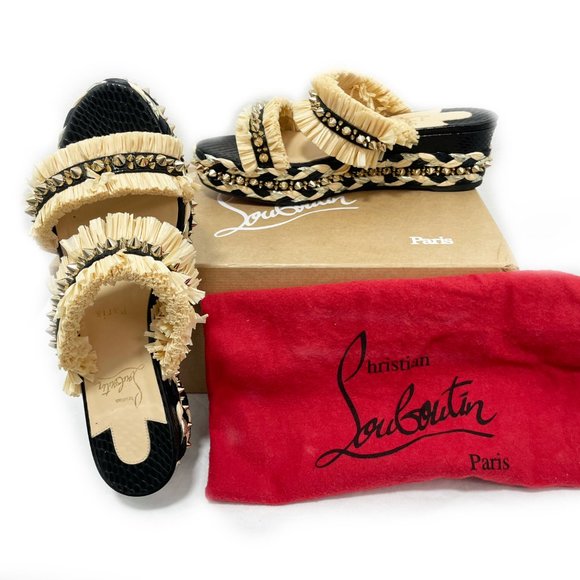 Christian Louboutin Voltinoudou Spiked Raffia & Snakeskin-Embossed Wedges - Picture 1 of 13